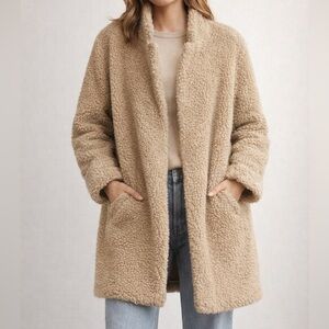 H&M L.O.G.G. Teddy Sherpa Coat Beige Cozy Snap Front Size S